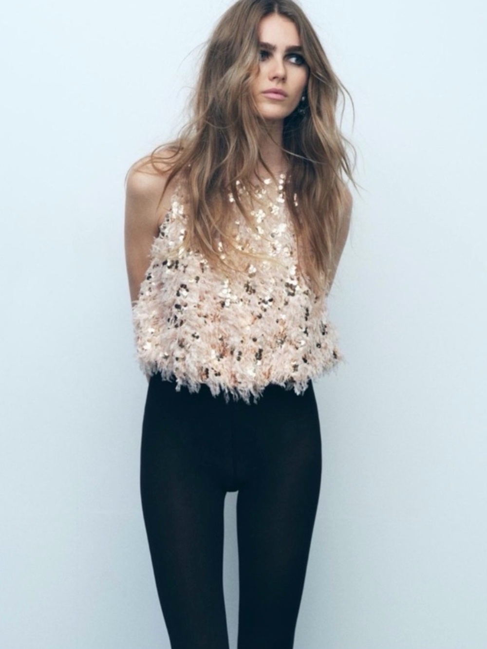 Zara Viral Sequin Feather Crop Cami - Blush Size S